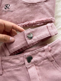 Yipinpay Denim Pink Sexy Women Sets Zipper Sashes Button Pocket Irregular Strapless Backless Top Denim Skirt Two Piece Set