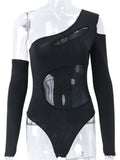 yipinpay Sleeve Bodysuit Hollow Out Bodysuit Women Y2K Clothes Irregular Patchwork Mesh Body Solid Skinny Streetwear Black Top
