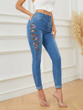 Yipinpay Winter New High Waist Embroidered Jeans for Women Fashionable Stretch Slim Ankle-Length Denim Pencil Pants S-XL