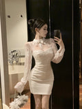 Yipinpay Woman Dresss Sexy Stand Collar Lace Patchwork Slim Rhinestone Hollow Out Flare Long Sleeve Slim Elegant Dress Party