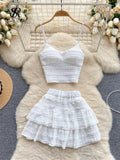 Yipinpay Sweet Ruched Two Pieces Sets V Neck Strap Crop Tops+Short Pleated Skirt Women Korean Style Chic Summer Beachwear Suits