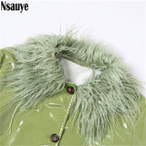yipinpay 2023 Winter Women Turn Down Collar Leather Jackets Coat Outwear Vintage Faux Fur Long Sleeve Y2K Casual Short Jacket Tops