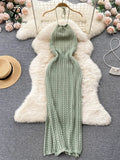 Yipinpay Sexy Backless Knitted Dress Women Halter Sleeveless Hollow Out Split Sundress Korean Vacation Knit Beach Long Dress