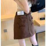 yipinpay Women's Vintage Brown Denim Half Body Skirt High Waist Casual American Fashion Baggy A-Line Jean Short Midi Skirt Ladies Summer
