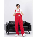 yipinpay Womens Red Vintage Suspender Jeans Fashion Pocket Baggy Wide Leg Pants Streetwear Casual Straight Denim Trouser Ladies Summer