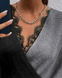Yipinpay and Autumn Sexy Ladies Casual Women Colorblock Contrast Lace V-Neck Wrap Sweater Long Sleeve Knit V-Neck New 2023
