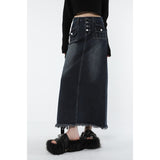 yipinpay Women Blue Denim Half Body Skirt Gradient High Waist Casual Korean Fashion Mid Length Bottoms Baggy Vintage Female Long Skirt