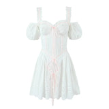 Yipinpay 3 Ways Wear White Embroidery Dress Short Puff Sleeve Mini Birthday Party Dresses Women Lacing Up Holiday Vacation Dress