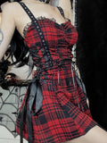 Yipinpay Mall Gothic Red Plaid Dress Women Streetwear Harajuku Emo Alt Lace Patchwork Bandage Corset Dress Y2k Cute Lolita Dress
