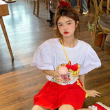 Yipinpay Casual Loose Bubble Cartoon Top Bow White Short Sleeved T-shirts Grunge Tshirt Graphic T Shirts Ropa Mujer Tees Y2k