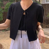 Yipinpay Tweed Coat Round Neck Tie Bow Bubble Sleeve Coat Korean Femme Jaqueta Feminina Slim Crop Top Summer Jacket Women Suit