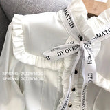 Yipinpay Shirt Women Loose Fashion Long Sleeve Chiffon Shirts Chic Tops Blusas Mujer De Moda 2023 Ruffle Ribbon Letter Blouse