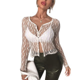 Yipinpay New Women Sexy Lace Tops Adults See-Through Long Sleeve Round Neck Button Down Cardigan Black White Hot Sale S-XL