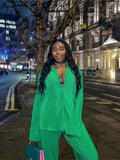 Yipinpay Women Street Pleated Tracksuit Two Piece Sets Solid Long Sleeve Blouse And Wide Leg Pants Sets 2023 Summer Casual Female Outfits