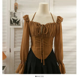 Yipinpay Sleeve Ruffled Chiffon Shirt Off The Shoulder One Slim Fit Crop Top Sexy Trumpet Sleeve Shirt Fungus Lace Up Blouse Retro