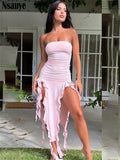 yipinpay Ruffles Irregular Elegant Chic Midi Dresses For Women Y2K 2023 Party Club Birthday Fashion Strapless Summer Dress Outfits