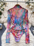 Yipinpay American Retro Tie Dye Print Playsuits Stand Collar Long Sleeves Slim Artistic Top Open Crotch Mesh Sexy Bodysuits