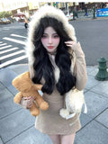 Yipinpay Autumn Kawaii Knitted Y2k Mini Dress Slim Short Party Korean Fashion Dress Casual Fur Hooded Elegant Dress Woman Design