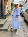 Yipinpay Embroidered Patchwork Maxi Dress For Women Fashion O-neck Striped Lantern Sleeves Long Dresses Summer Loose Lady Robe