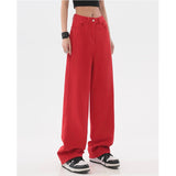 yipinpay Women's Clothing Red Jeans Vintage Casual Straight Self Cultivation Wide Leg Pants High Waist Baggy Denim Trouser Ladies Summer