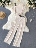 Yipinpay Vacation Casual Sports Suits Summer Off Shoulder Short Camis Tops+High Waist Wide Leg Pants Women Y2K Two Pieces Sets