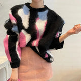 Yipinpay Mujer Jumper Oversized Sweater Thick Winter Pullover Contrast Mohai Y2k Clothes Print Knitting Black Sweaters Coat Tops