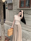 Yipinpay Hot Girl Casual Suit Women's Spring Short-sleeved Knitted Top High Waist Wide Leg Pants 2-piece Set Fashion Female Clothes