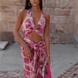 Yipinpay Print Halter Long Dress Women Cut Out Backless Dress Woman Off Shoulder Summer Party Dresses For Women Knot Evening Dresses