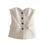 Yipinpay 2Pcs Ladies Solid Blazer Sets 2023 Pretty Strapless Single Breasted Tops+Slit Straight Trousers Basic Zipper Pants