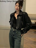 Yipinpay Black Cropped Leather Jacket Women Streetwear Zipper Moto Leather Jacket High Street Vintage Soft Faux Leather Coats 2023