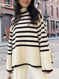 Yipinpay Winter Women¡¯s Long Sleeves Knit Sweater Turtleneck Striped Print Loose Pullover Tops 2024 New Autumn Oversized Sweater
