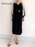 Yipinpay French Vintage Dress Women Belt Sexy Elegant Office Ladies V-neck Dresses Patchwork Casual Stylish Long Sleeve Vestido