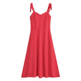 Yipinpay French Style Red Sexy Slim Bow Shoulder Sling Dress Women A-line Midi Summer Holiday Party Dresses Chiffon Robe