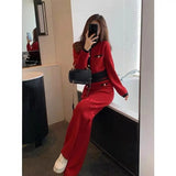 Yipinpay White Wide Leg Pants Suits Vintage Fall O Neck Red Cardigan Knitwear Sweaters Korean Fashion Two Piece Sets Coat