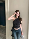 Yipinpay Sexy Camis Women Diagonal Collar Polka Dot Ribbon Bandage Summer Fashion Slim Crop Tank Tops Elegant Female Casual