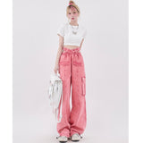 yipinpay Women Pink Cargo Pants High Waist Casual Vintage Fashion Leisure Straight Wide Leg Pants Female 2023 Summer Mopping Trouser
