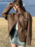 Yipinpay Brown Leather Jacket Women Streetwear Moto Biker Zipper Leather Coat Female Winter Warm Punk Style Leather Jacket 2023