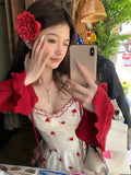 Yipinpay Sweet Fashion 2 Piece Dress Set Woman Red Knitted Short Cardigan + Print Sleeveless Y2k Mini Dress Korean Style Suit