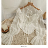 Yipinpay Sleeve Ruffled Chiffon Shirt Off The Shoulder One Slim Fit Crop Top Sexy Trumpet Sleeve Shirt Fungus Lace Up Blouse Retro