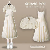 Yipinpay Women's Summer Dress Suit 2024 New Fashion Short Sleeve Shirt+Denim Strap Skirt Two Piece Korean Elegant Casual Matching Set