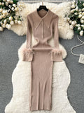 Yipinpay Senior Knitted Slim Dress Turndown Collar Long Sleeves Feathers Decoration Autumn Fashion Women Bodycon Striped Dress