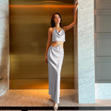 Yipinpay Backless Womens Long Skirt Set Sleeveless Halter Shiny Rhinestone Tops + High Waist Long Skirt Party Set Club Street Style