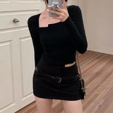 Yipinpay Sexy Black Mini Skirt with Shorts 2023 Fashion Women Trending Low Waist Belt Patchwork Slim Pencil Mini Skirt Y2k Skort