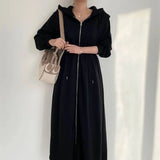 Yipinpay Hooded Zip Sweatshirt Dress Long Casual Cloth 2023 Dress for Women Wild Black Grey High Waist Swing Maxi Sweater Vestidos