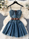 Yipinpay Fashion Streetwear Denim Dress Spaghetti Strap Cross Lace Up Bow Belt Zipper Pleated Women American Vintage Mini Dress