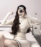 Yipinpay De Mujer Women Knit Dress Bodycon Slim Wild Long Sleeve Fungus Casual High Waist Black Women Knitting Dress Robe