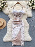 Yipinpay Strap Plush Velvet Long Dress Autumn Inside Elastic Ruched Slim Backless Christmas Cosplay Sexy Dress