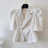 Yipinpay Puff Short Sleeve Slim High Crop Coat Double Breasted Cardigan Femme Suit New Y2k Chaquetas Mujer White Tweed Jacket