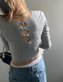 Yipinpay Wear Bow Cut Out Design Slim Long Sleeved T-shirts Y2k Clothes 2023 Shirts for Women Knit Top Grunge Aesthetic Graphic