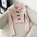 Yipinpay Color Knitted Sweater Woman Korea Fashion Y2k Crop Tops Long Sleeve Basic Elegant Pullover Bow Design Casual 2024 Autumn